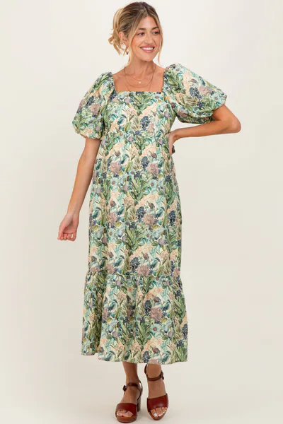 PinkBlush Multicolor Floral Puff Sleeve Bow Tie Detail Maternity Midi Dress