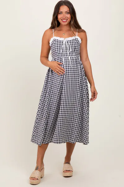 PinkBlush Black Gingham Smocked Trim Maternity Midi Dress