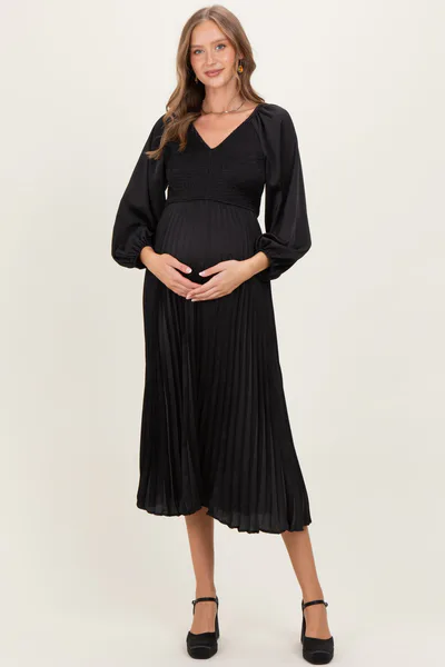 PinkBlush Black Satin Smocked Pleated Maternity Midi Dress