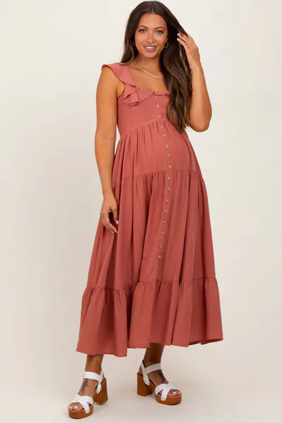 PinkBlush Rust Button Front Ruffle Square Neck Maternity Midi Dress