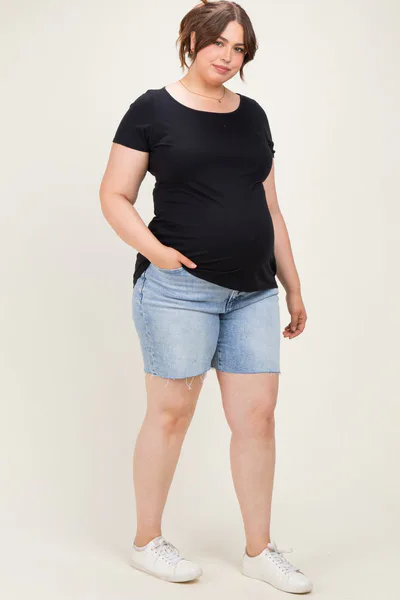 PinkBlush Blue Raw Cut Hem Mid Length Maternity Plus Denim Shorts