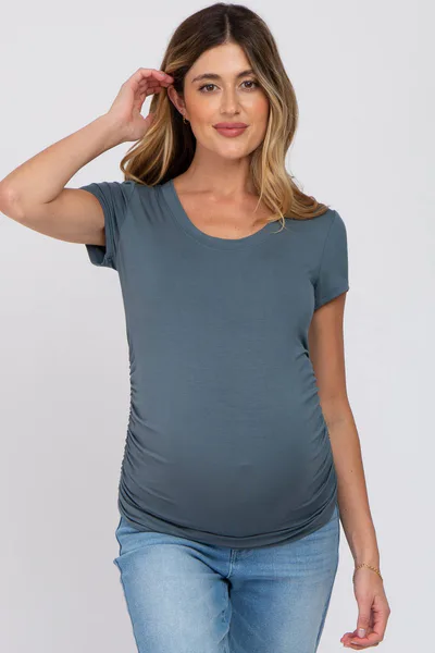 PinkBlush Deep Teal Basic Short Sleeve Maternity Fitted Top