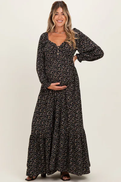 PinkBlush Black Floral Button Accent Long Sleeve Maternity Maxi Dress