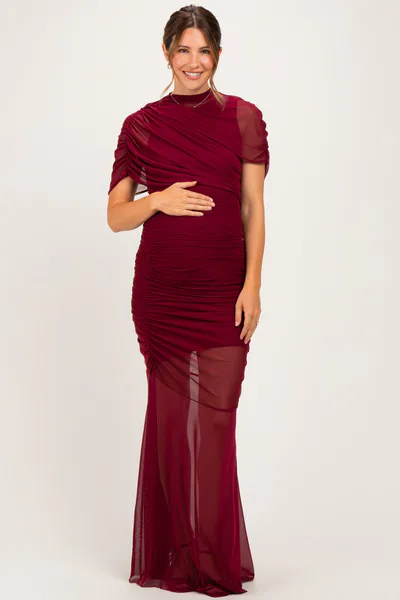 PinkBlush Burgundy Draped Bodice Ruched Mesh Maternity Maxi Dress