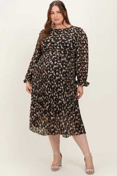 PinkBlush Black Floral Chiffon Long Sleeve Pleated Maternity Plus Midi Dress