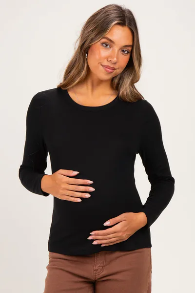 PinkBlush Black Fitted Ribbed Maternity Long Sleeve