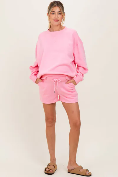 PinkBlush Pink Fleece Sweatshirt Shorts Maternity Set