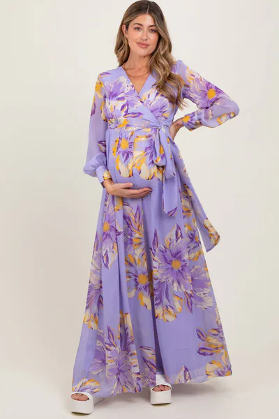 PinkBlush Lavender Floral Chiffon Sash Tie Maternity Wrap Maxi Dress