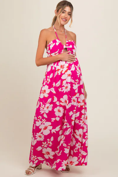 PinkBlush Fuchsia Floral Halter Neck Maternity Maxi Dress