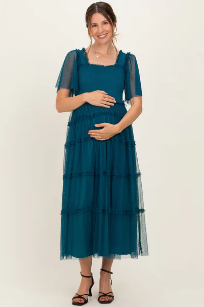PinkBlush Teal Ruffled Mesh Maternity Maxi Dress