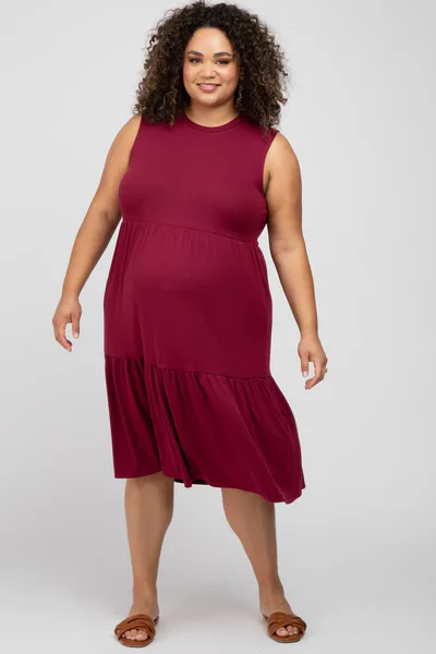 PinkBlush Burgundy Ribbed Sleeveless Plus Maternity Midi Dress