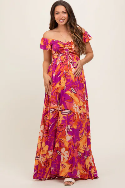 PinkBlush Coral Floral Smocked Off Shoulder Maternity Maxi Dress