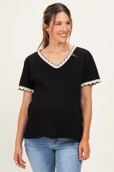 PinkBlush Black Waffle Knit Crochet Trim Maternity Top