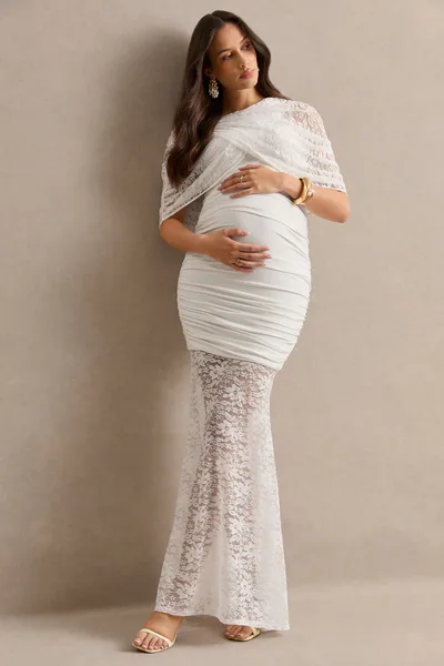 Club L London Bronta | White Lace High-Neck Maternity Maxi Dress With Short Cape And Sheer Skirt
