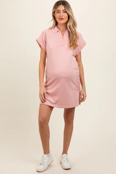 PinkBlush Pink Terry Cuff Sleeve Pocketed Collared Maternity Dress