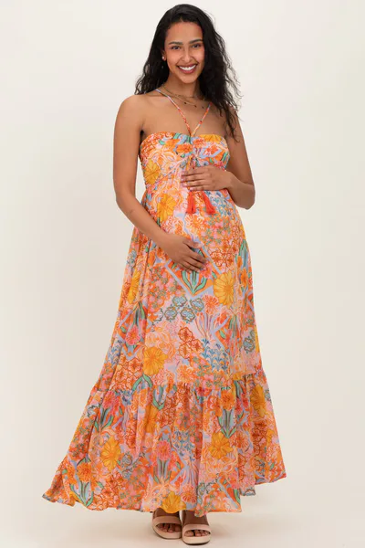 PinkBlush Multicolor Floral Halter Crisscross Back Maternity Maxi Dress