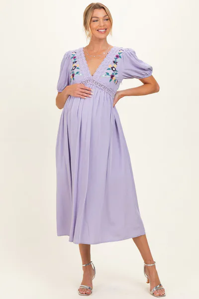 PinkBlush Lavender Puff Sleeve Embroidered Maternity Midi Dress