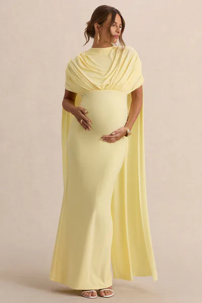 Club L London Araminta | Lemon Bardot-Neck Maternity Maxi Dress With Cape Sleeves