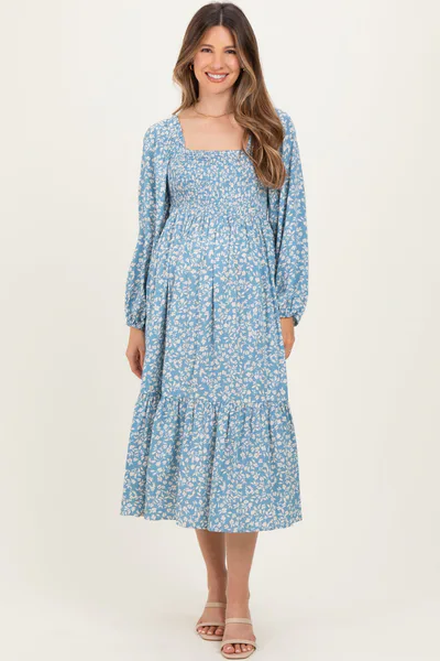PinkBlush Dusty Blue Floral Square Neck Maternity Maxi Dress