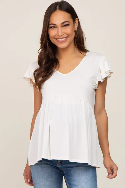 PinkBlush White Flutter Sleeve V-Neck Maternity Top