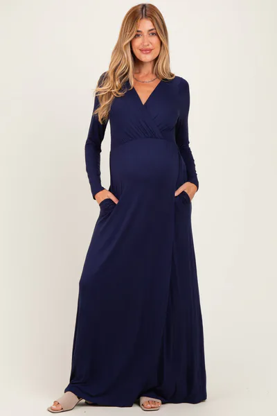 PinkBlush Navy Long Sleeve Maternity Nursing Maxi Dress