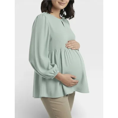 Target Women's Long Sleeve Empire Waist Keyhole Woven Blouse - Whispering Blue - Size: Large - Motherhood Maternity