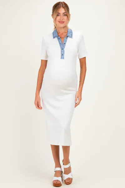PinkBlush Off White Denim Contrast Collar Maternity Knit Midi Dress