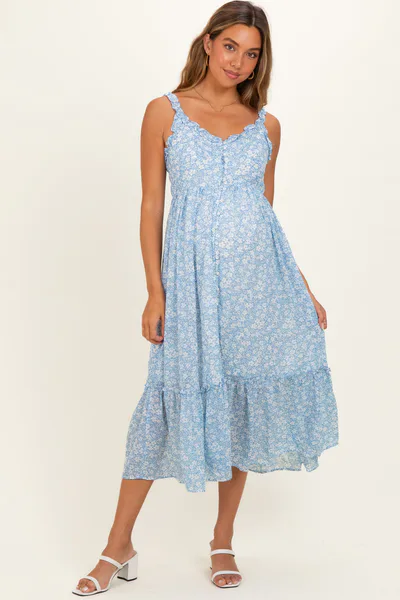 PinkBlush Cornflower Blue Floral Ruffle Strap Button Down Maternity Dress