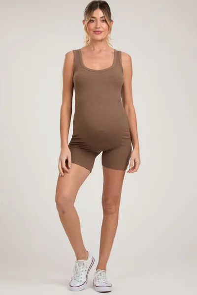 PinkBlush Mocha Sleeveless Ribbed Biker Short Maternity Romper