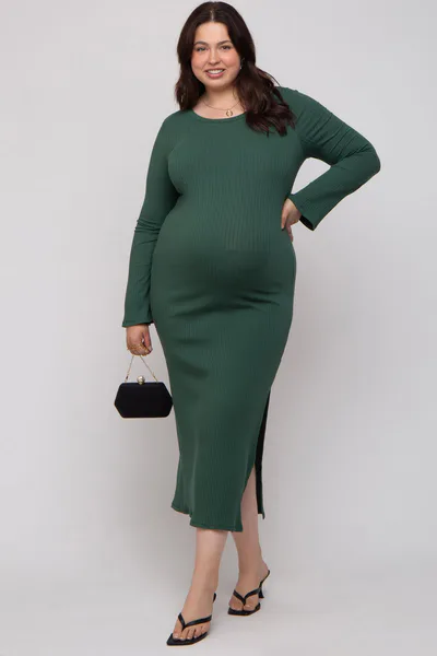 PinkBlush Forest Green Ribbed Side Slit Maternity Plus Maxi Dress