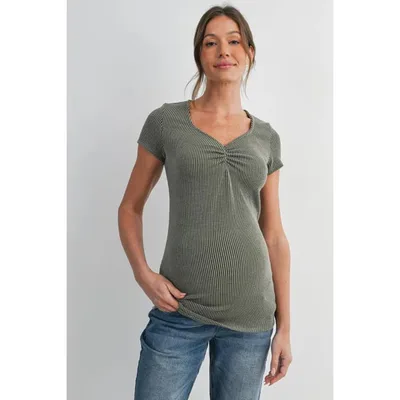 Target Hello Miz Women's Fitted Ribbed Short Sleeve Sweetheart Neck Maternity Top - Olive - Large