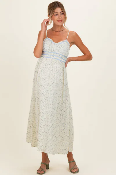 PinkBlush Cream Floral Contrast Trim Sleeveless Maternity Maxi Dress