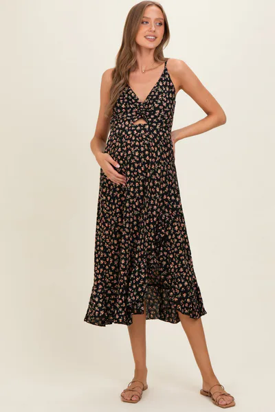 PinkBlush Black V Neck Twist Front Cut Out Side Ruffle Slit Maternity Midi Dress