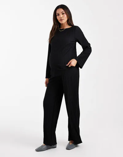 ASOS Mamalicious Maternity wide leg plissé pants in black - part of a set