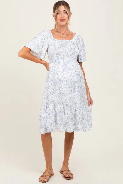 PinkBlush Ivory Floral Smocked Flutter Sleeve Maternity Midi Dress