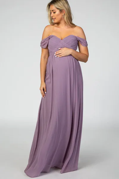 PinkBlush PinkBlush Lavender Off Shoulder Chiffon Maxi Maternity Dress