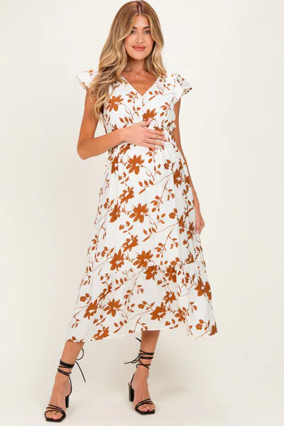 PinkBlush Brown Floral Button Detail Maternity Midi Dress