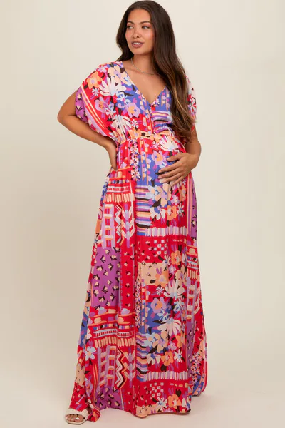 PinkBlush Red Mixed Print Bell Sleeve Maternity Maxi Dress