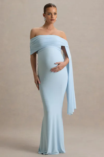 Club L London Aquila | Powder Blue Bardot Maternity Maxi Dress With Draped Detail