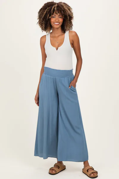 PinkBlush Light Blue Smocked Waist Ankle Wide Leg Maternity Pants