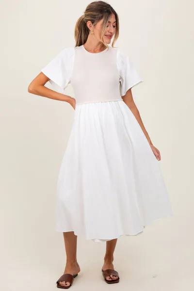 PinkBlush Ivory Ribbed Knit Contrast Top Maternity Midi Dress