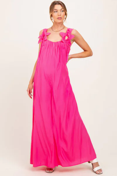PinkBlush Pink Wide-Leg Sleeveless Bow Tie Straps Maternity Jumpsuit