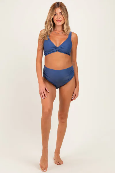 PinkBlush Blue Gray Twist Front V-Neck Maternity Bikini Set