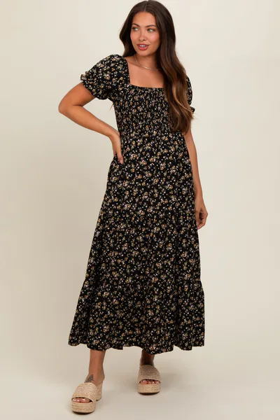 PinkBlush Black Floral Midi Maternity Dress