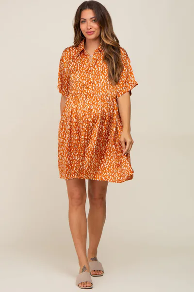 PinkBlush Rust Printed Satin Collared Maternity Dress