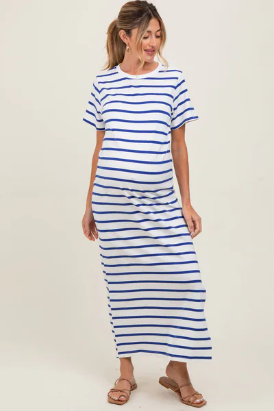 PinkBlush Blue Striped Side Slit Maternity Maxi Dress