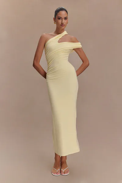 MESHKI Anastasia One Shoulder Modal Midi Dress - Pale Lemon