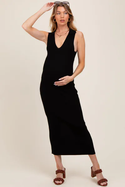 PinkBlush Black Knit Collared Deep V-Neck Maternity Maxi Dress