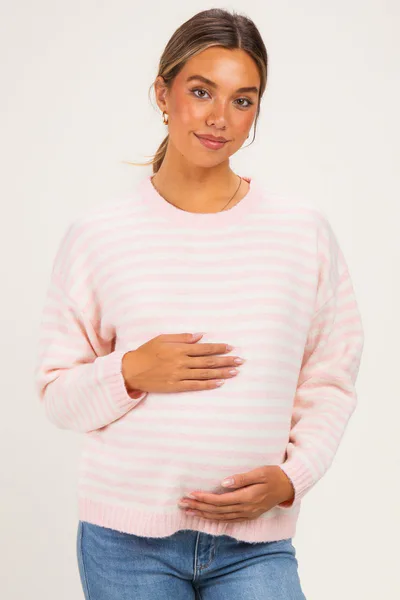 PinkBlush Ballet Pink Brushed Knit Striped Maternity Sweater