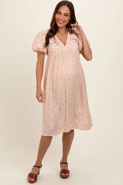PinkBlush Peach Floral Puff Sleeve Maternity Midi Dress